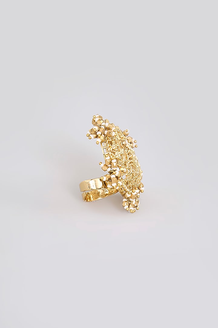 Antique Gold Plated Faux Pearl & Motif Ring by AMAMA at Pernia's Pop Up Shop