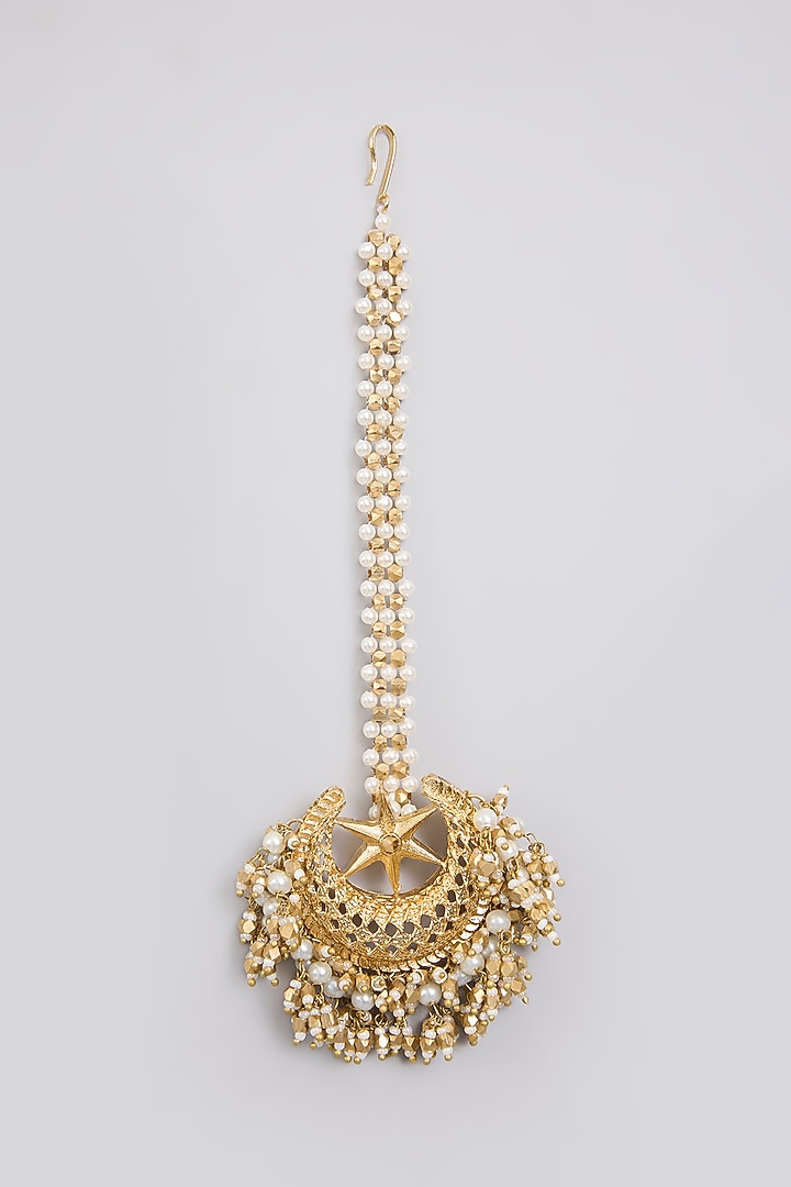 Antique Gold Plated Faux Pearl Maangtikka by AMAMA at Pernia's Pop Up Shop