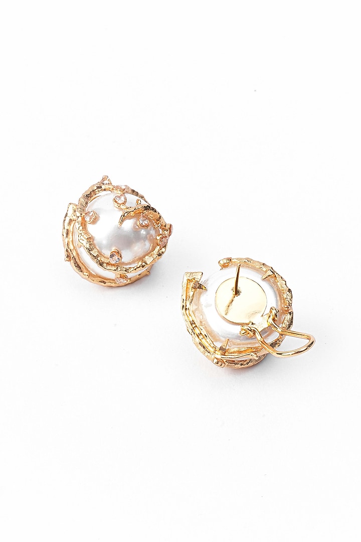 Gold Finish Pearl Crest Stud Earrings by AMAMA at Pernia's Pop Up Shop