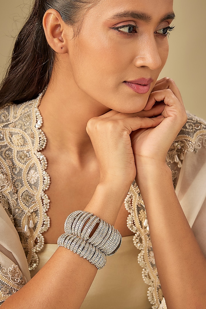 Silver Plated Cubic Zirconia Bracelet (Set Of 2) by AMAMA at Pernia's Pop Up Shop