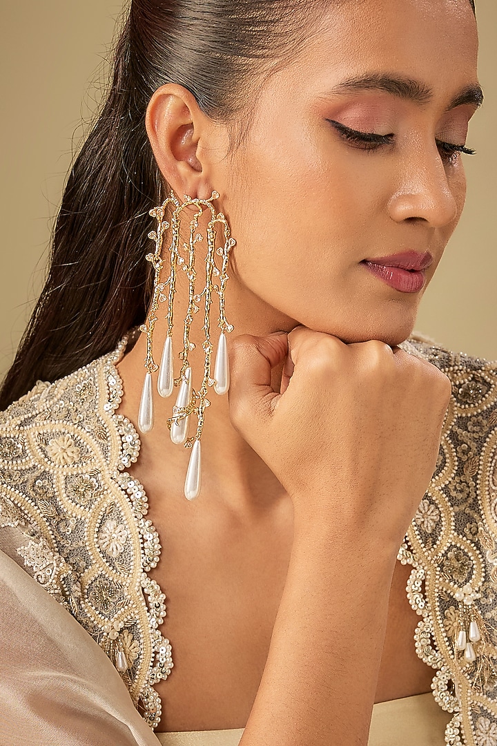 Gold Plated Cubic Zirconia & Faux Pearl Dangler Earrings by AMAMA at Pernia's Pop Up Shop