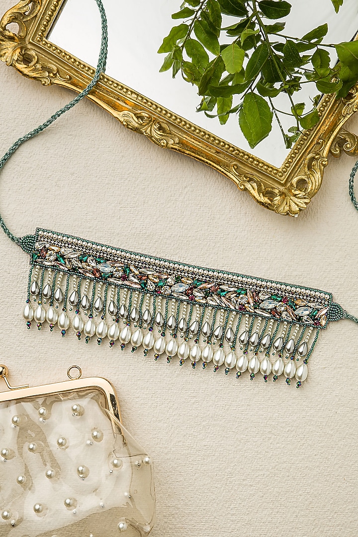 Green Hand Embroidered Choker Necklace by AMAMA at Pernia's Pop Up Shop