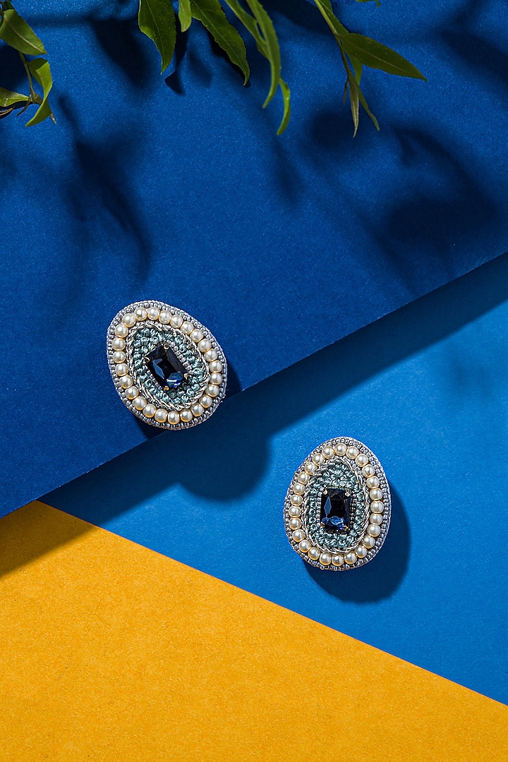 Blue Hand Embroidered Stud Earrings by AMAMA