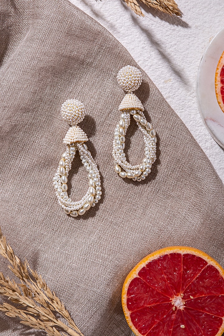 White Pearl Hand Embroidered Earrings by AMAMA at Pernia's Pop Up Shop