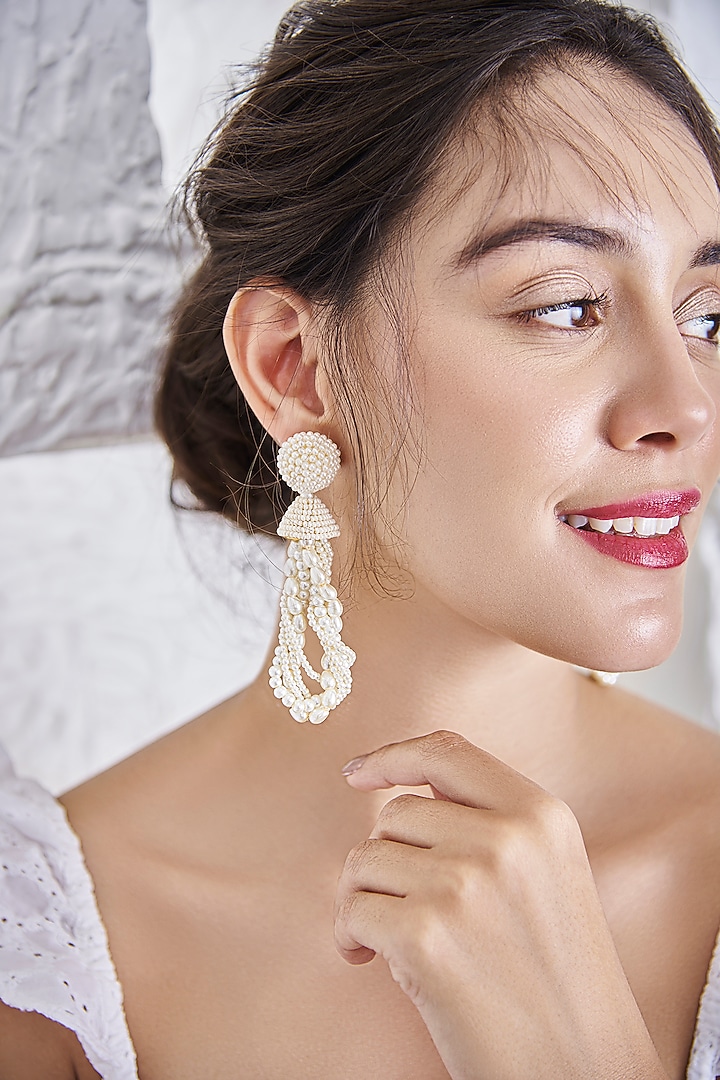 White Pearl Hand Embroidered Earrings by AMAMA at Pernia's Pop Up Shop