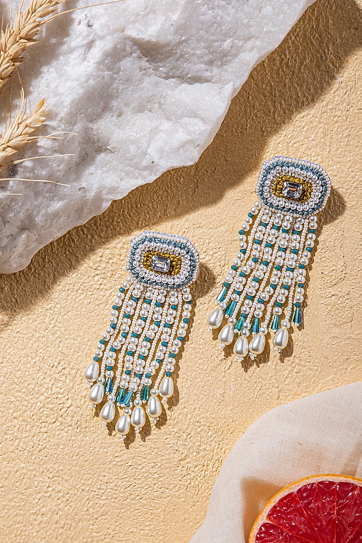 White & Blue Hand Embroidered Earrings by AMAMA at Pernia's Pop Up Shop