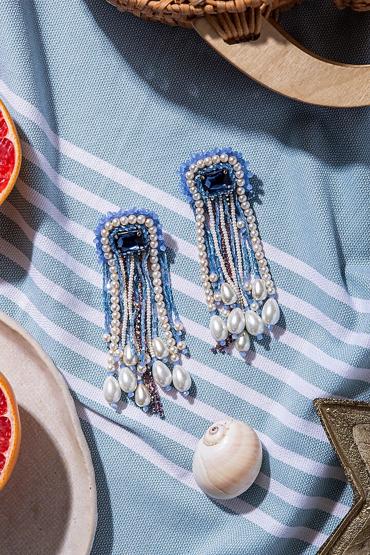 Blue Hand Embroidered Earrings by AMAMA at Pernia's Pop Up Shop