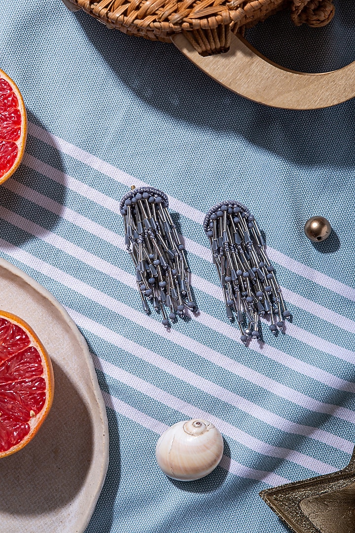 Grey Hand Embroidered Earrings by AMAMA at Pernia's Pop Up Shop