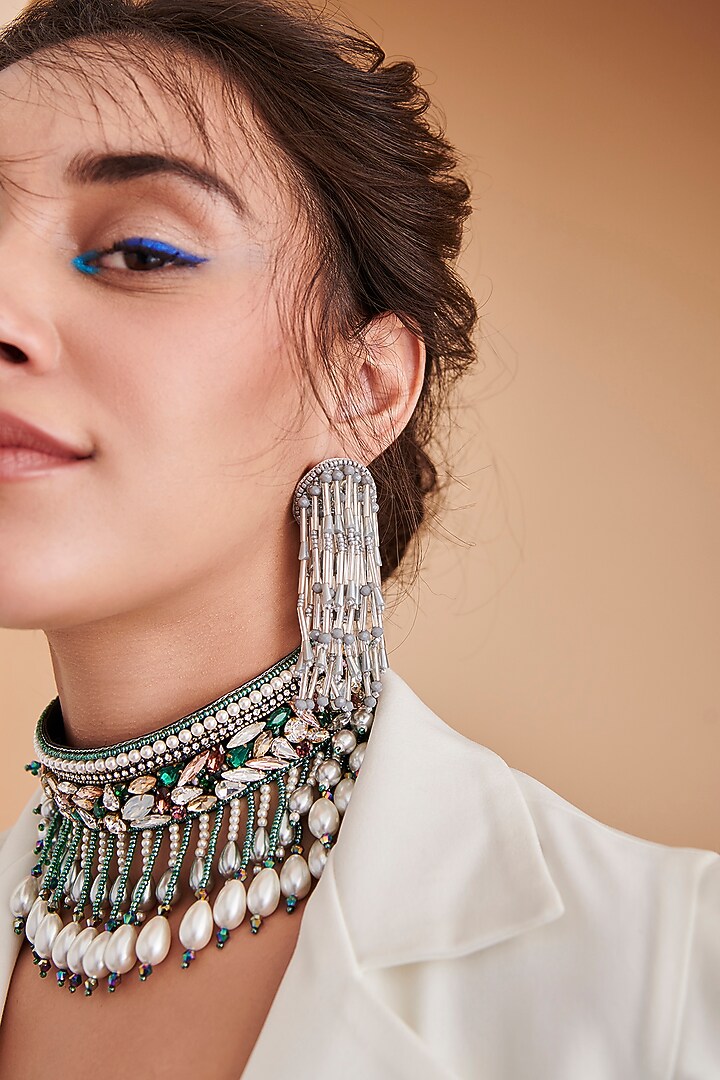 Grey Hand Embroidered Earrings by AMAMA at Pernia's Pop Up Shop