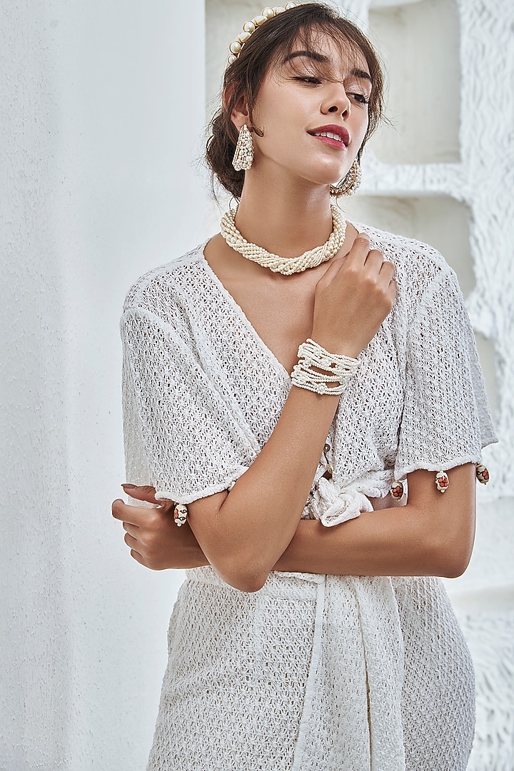 White Hand Embroidered Choker Necklace by AMAMA at Pernia's Pop Up Shop