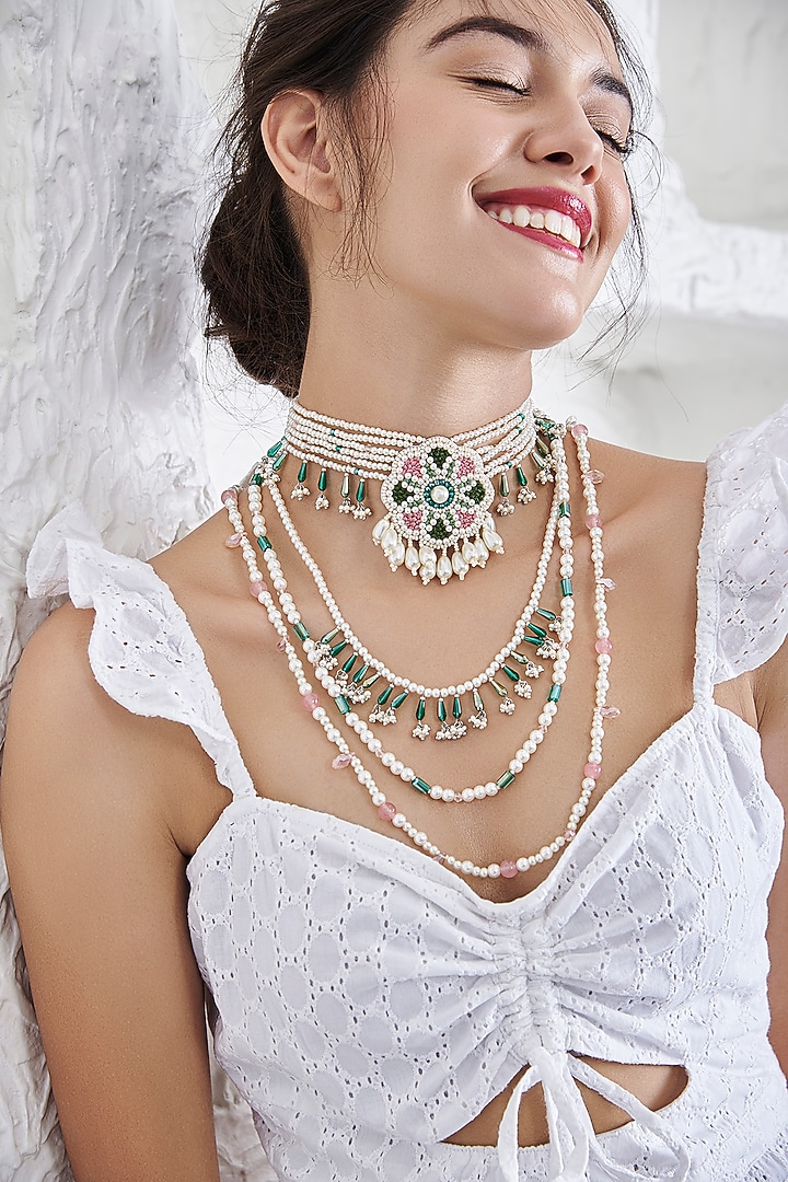 White Pearl Hand Embroidered Choker Necklace by AMAMA at Pernia's Pop Up Shop