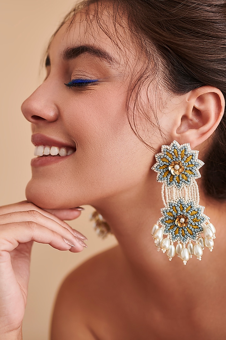 White Hand Embroidered Long Earrings by AMAMA at Pernia's Pop Up Shop