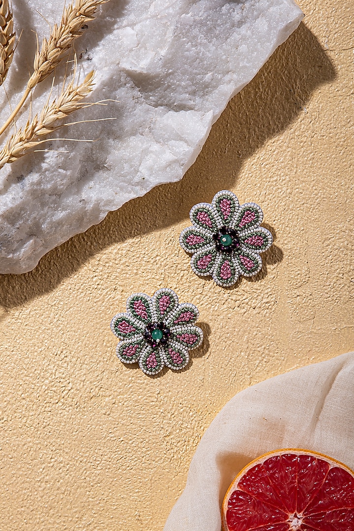 Pink Hand Embroidered Stud Earrings by AMAMA