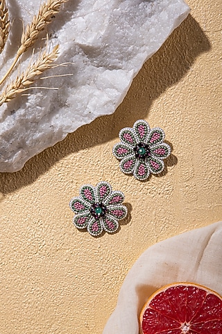 Pink Hand Embroidered Stud Earrings by AMAMA