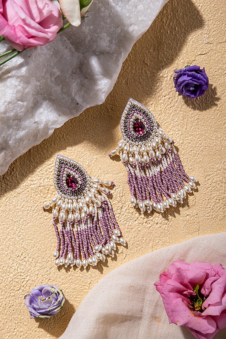 Pink Hand Embroidered Long Earrings by AMAMA