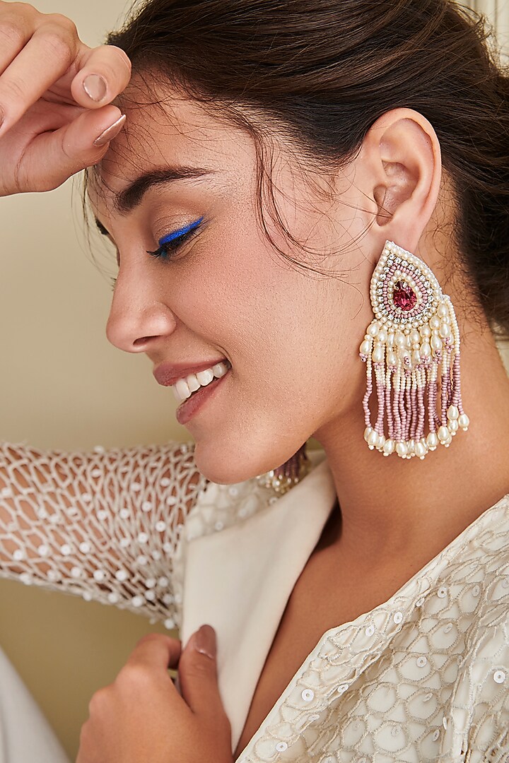 Pink Hand Embroidered Long Earrings by AMAMA at Pernia's Pop Up Shop