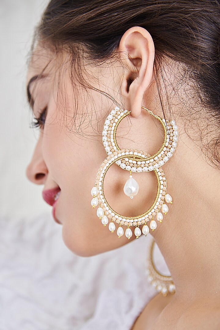 Beige Hand Embroidered Long Earrings by AMAMA at Pernia's Pop Up Shop