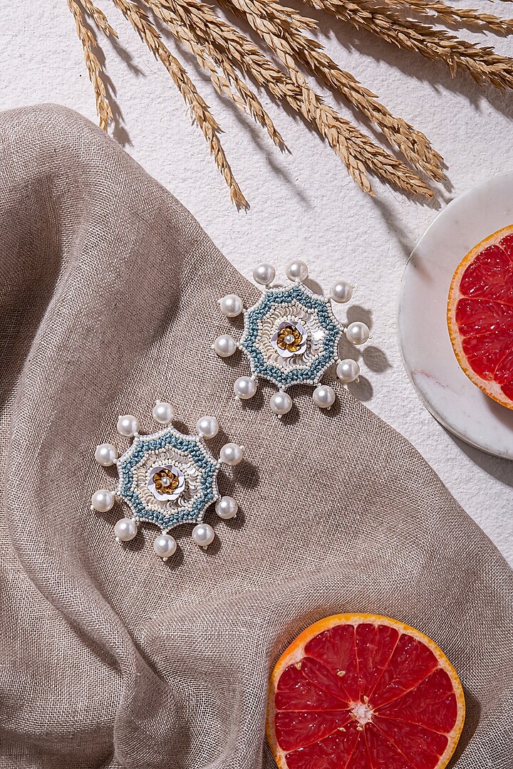 White Hand Embroidered Stud Earrings by AMAMA