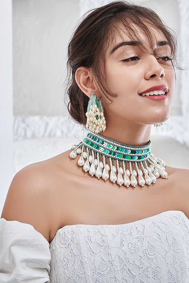 Green Pearl Hand Embroidered Choker Necklace by AMAMA at Pernia's Pop Up Shop