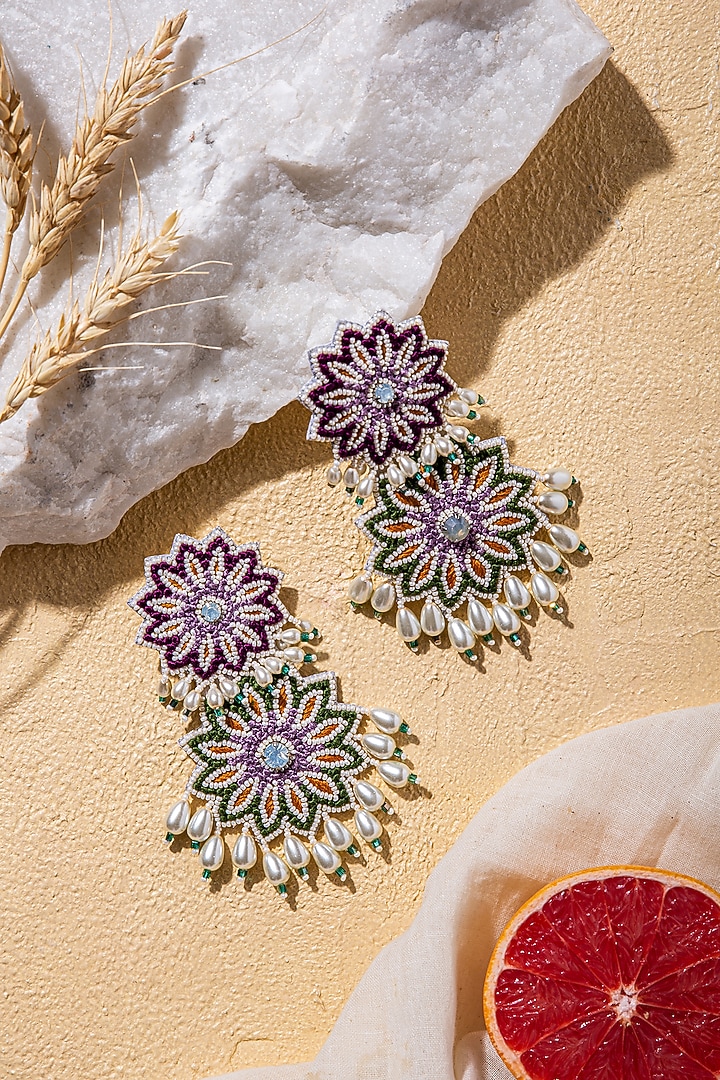 Purple & Green Hand Embroidered Long Earrings by AMAMA at Pernia's Pop Up Shop