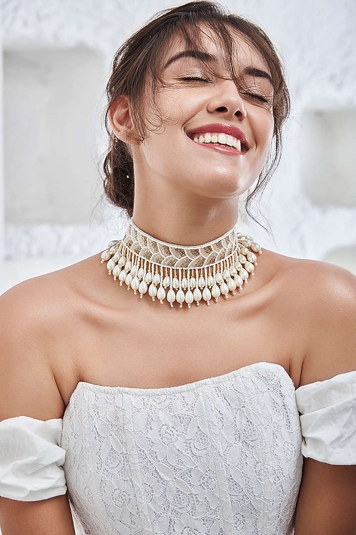 White Hand Embroidered Necklace by AMAMA at Pernia's Pop Up Shop
