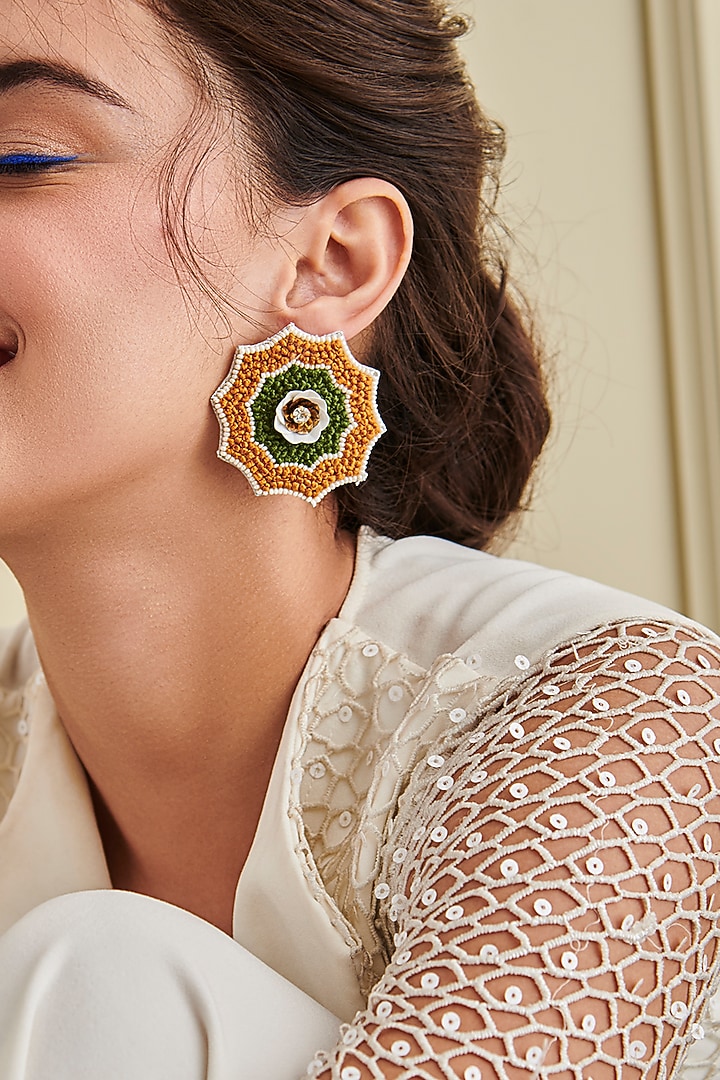Orange Hand Embroidered Stud Earrings by AMAMA at Pernia's Pop Up Shop