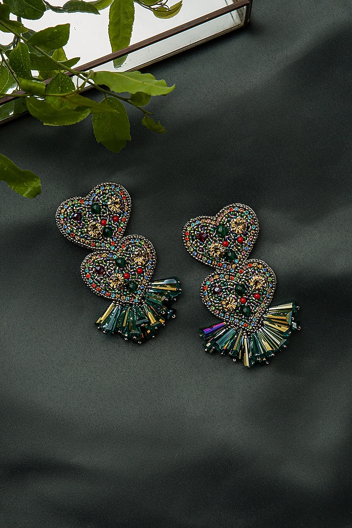 Green Hand Embroidered Earrings by AMAMA at Pernia's Pop Up Shop