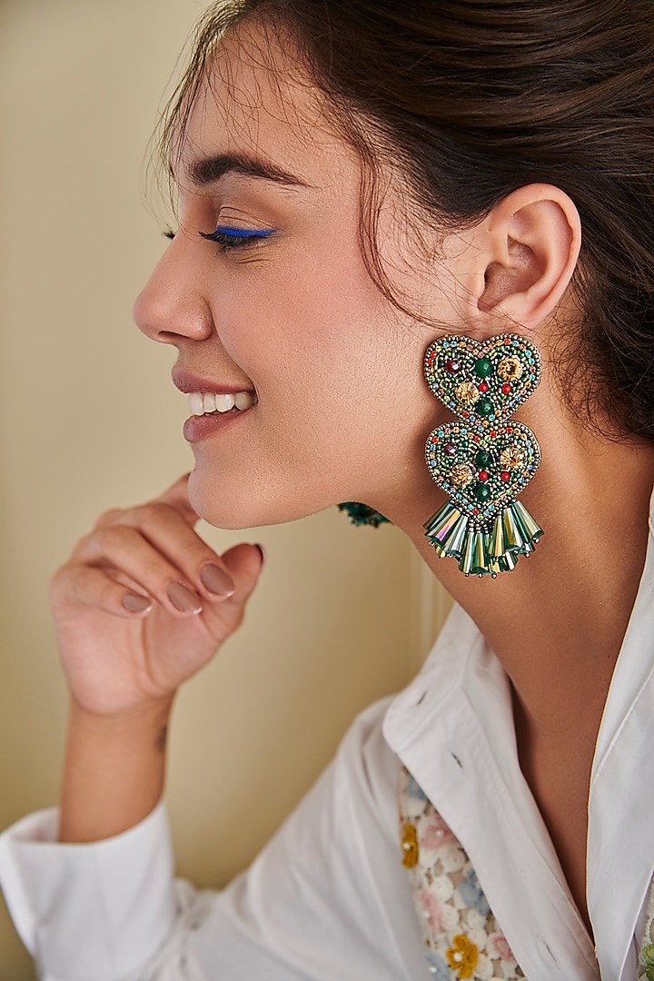 Green Hand Embroidered Earrings by AMAMA at Pernia's Pop Up Shop