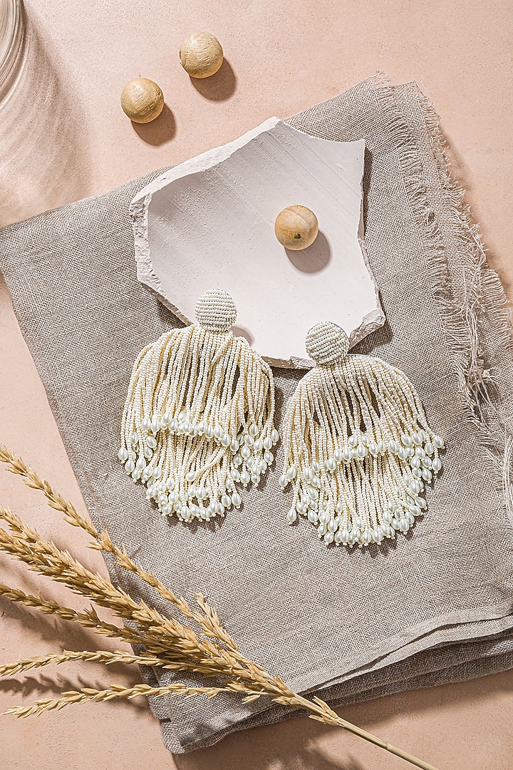 White Hand Embroidered Earrings by AMAMA at Pernia's Pop Up Shop