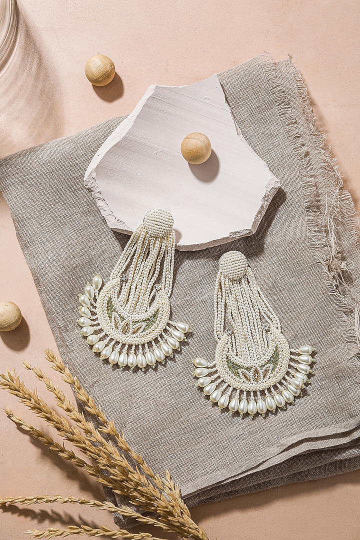 White Pearl Hand Embroidered Earrings by AMAMA at Pernia's Pop Up Shop