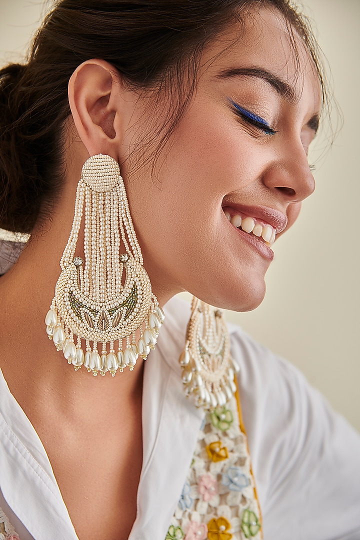 White Pearl Hand Embroidered Earrings by AMAMA at Pernia's Pop Up Shop