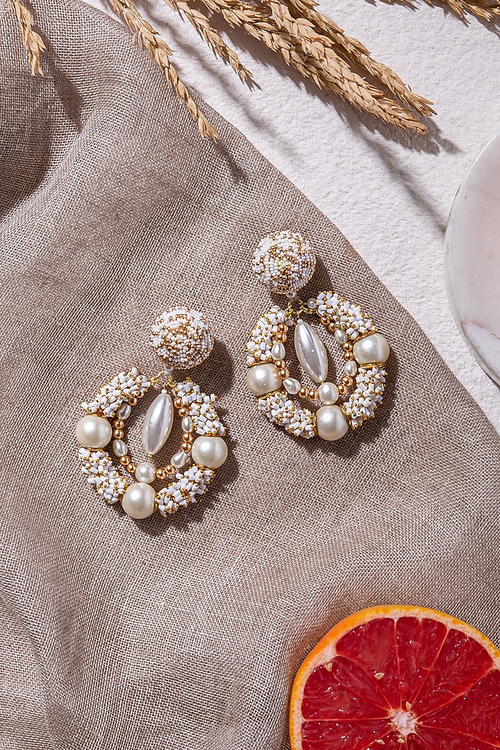 White Crystal Hand Embroidered Earrings by AMAMA at Pernia's Pop Up Shop