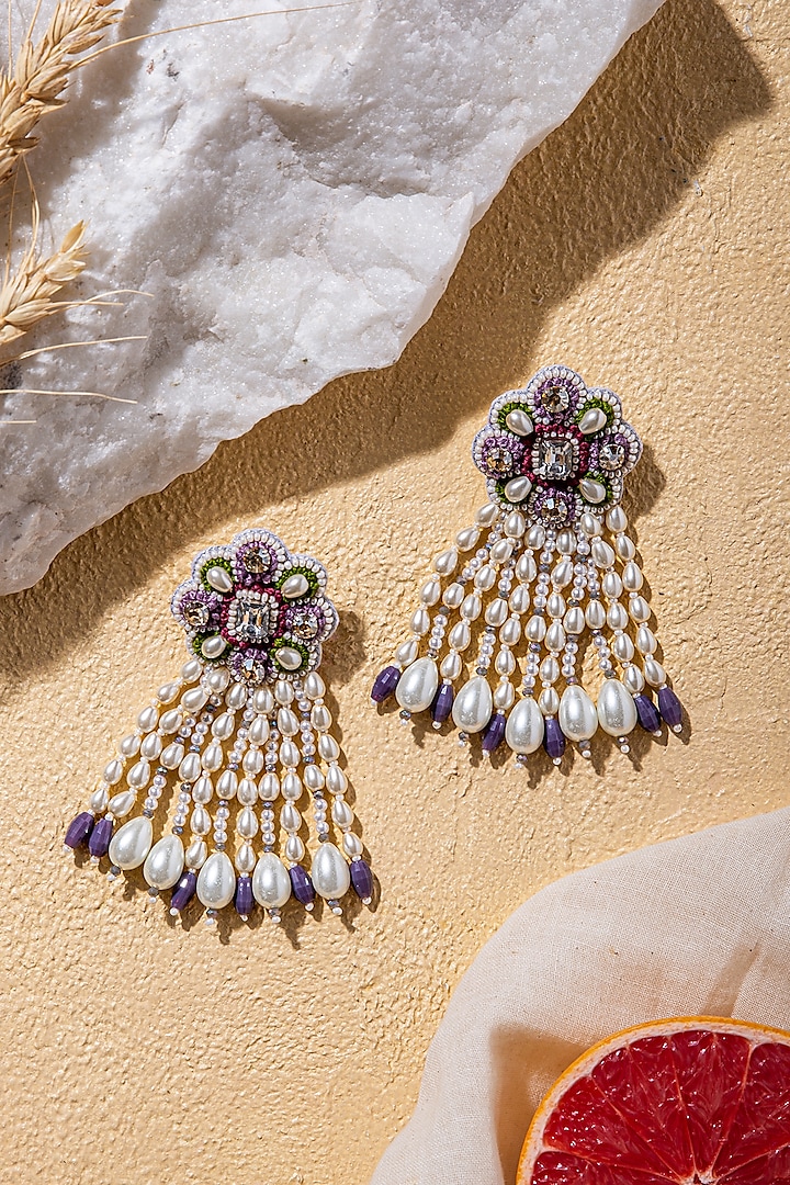 White Hand Embroidered Earrings by AMAMA at Pernia's Pop Up Shop