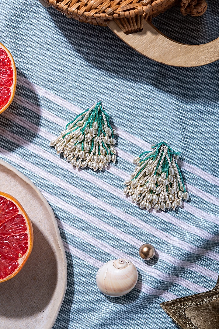 Green Hand Embroidered Earrings by AMAMA at Pernia's Pop Up Shop