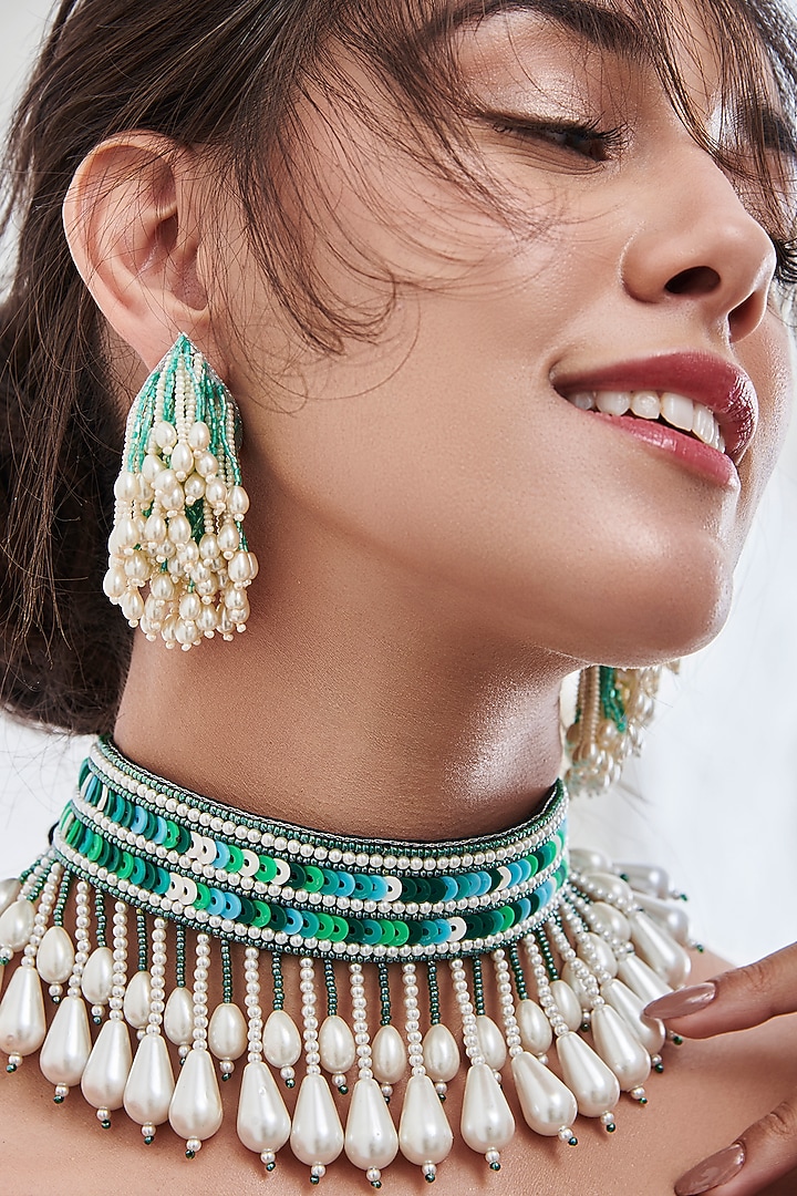 Green Hand Embroidered Earrings by AMAMA at Pernia's Pop Up Shop
