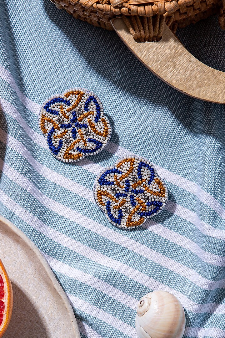 Cobalt Blue & Orange Hand Embroidered Earrings by AMAMA at Pernia's Pop Up Shop