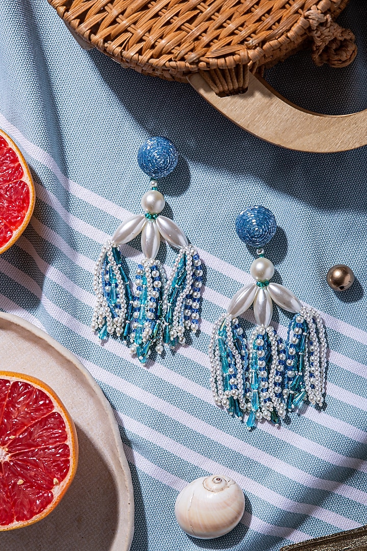 Blue Hand Embroidered Tassel Earrings by AMAMA at Pernia's Pop Up Shop