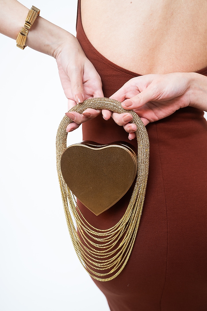 Light Gold Vegan Leather & Suede Stone Embellished Nano Bag by AMAMA at Pernia's Pop Up Shop