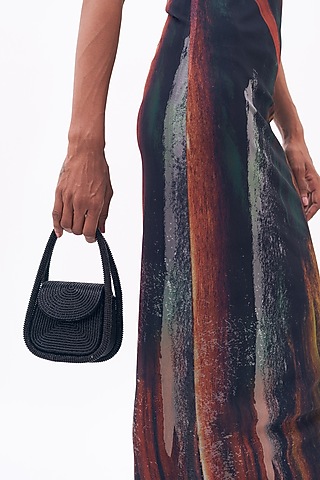 Black Faux Leather & Velvet Stone Embellished Mini Clutch by AMAMA