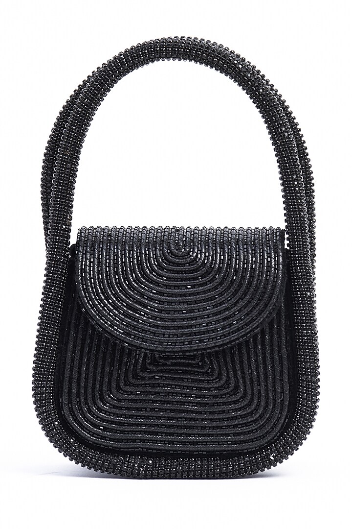Black Faux Leather & Velvet Stone Embellished Mini Clutch by AMAMA at Pernia's Pop Up Shop