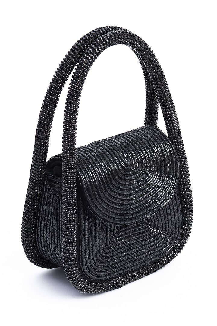 Black Faux Leather & Velvet Stone Embellished Mini Clutch by AMAMA at Pernia's Pop Up Shop