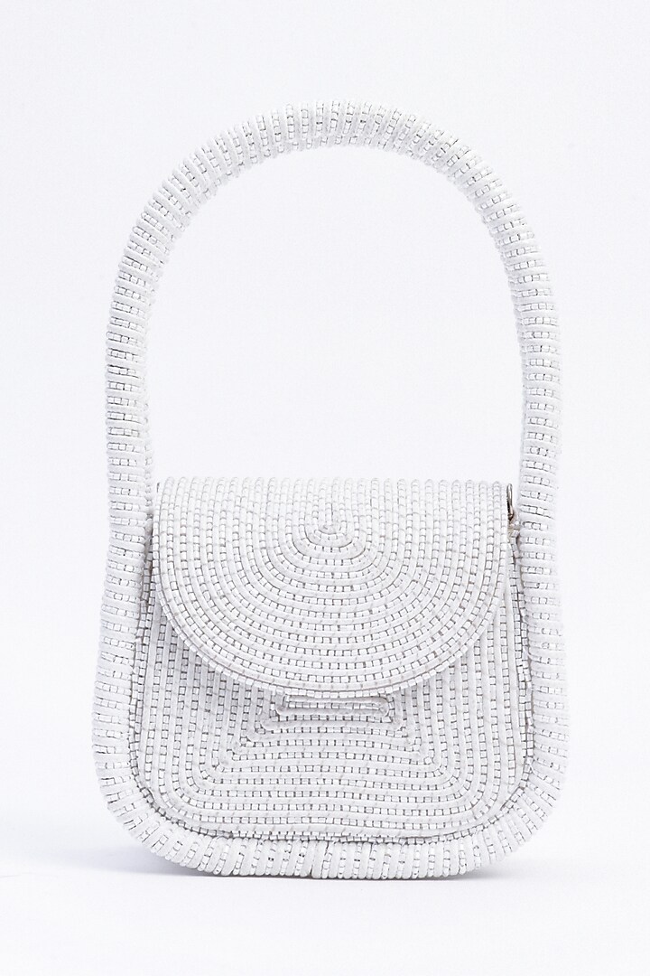 White Faux Leather & Velvet Embellished Mini Clutch by AMAMA at Pernia's Pop Up Shop