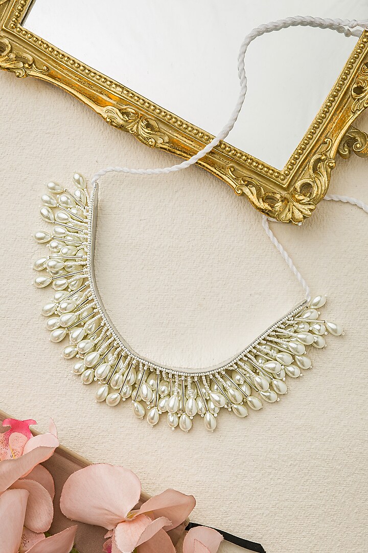 White Finish Hand Embroidered Choker Necklace by AMAMA at Pernia's Pop Up Shop