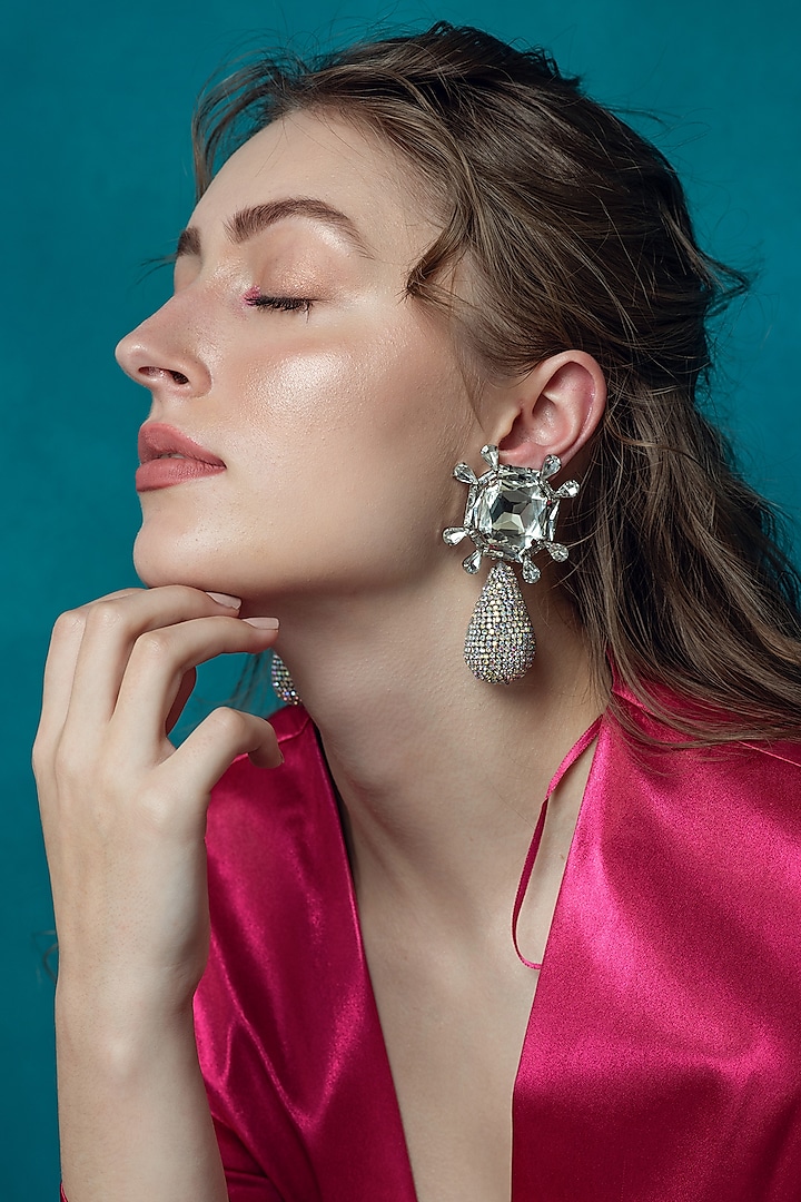 Silver Plated Crystal & Pearl Chandbaali Earrings by AMAMA