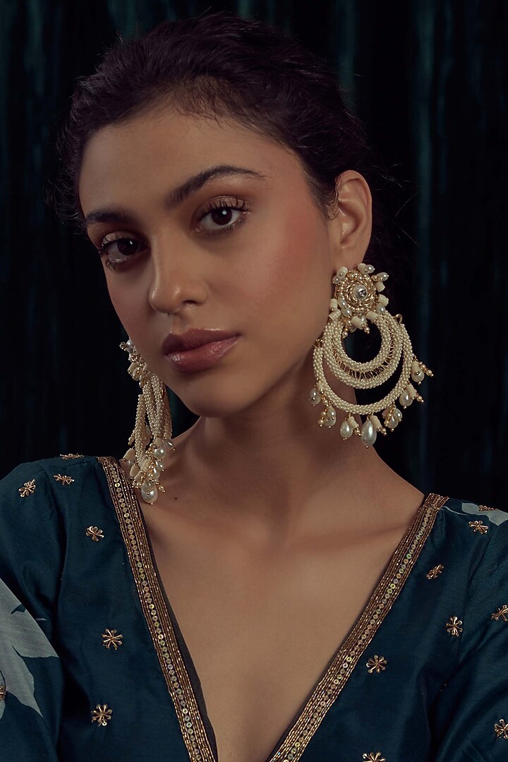 White Pearl & Sequin Chandbaali Earrings by AMAMA at Pernia's Pop Up Shop