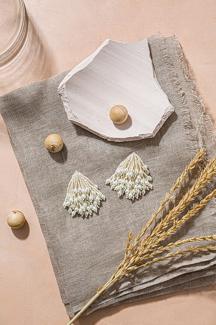 White Hand Embroidered Dangler Earrings by AMAMA at Pernia's Pop Up Shop
