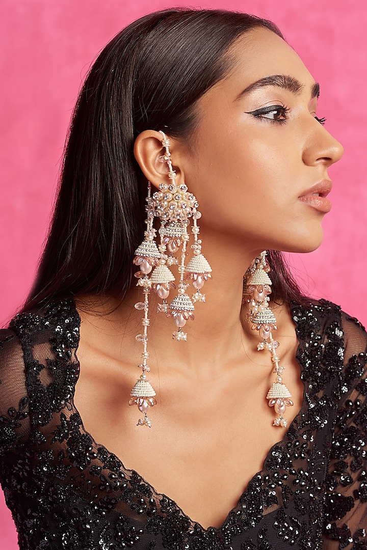 Silver Sequin & Beaded Dangler Earrings by AMAMA