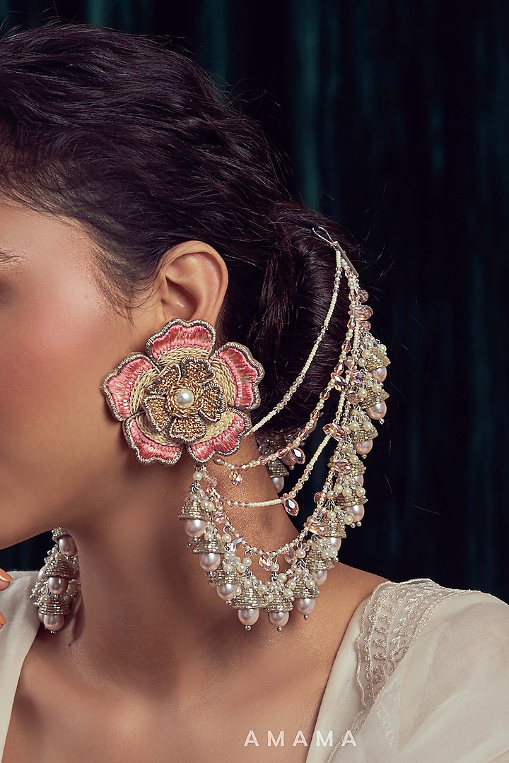 Pink Hand Embroidered Dangler Earrings by AMAMA