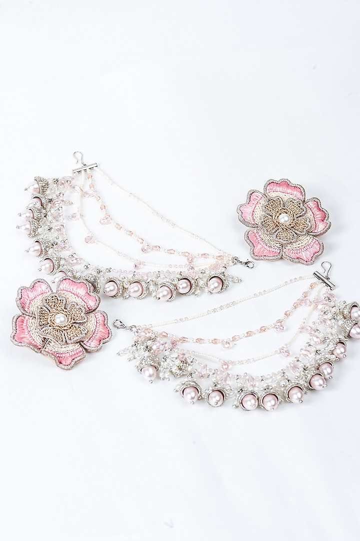 Pink Hand Embroidered Dangler Earrings by AMAMA at Pernia's Pop Up Shop