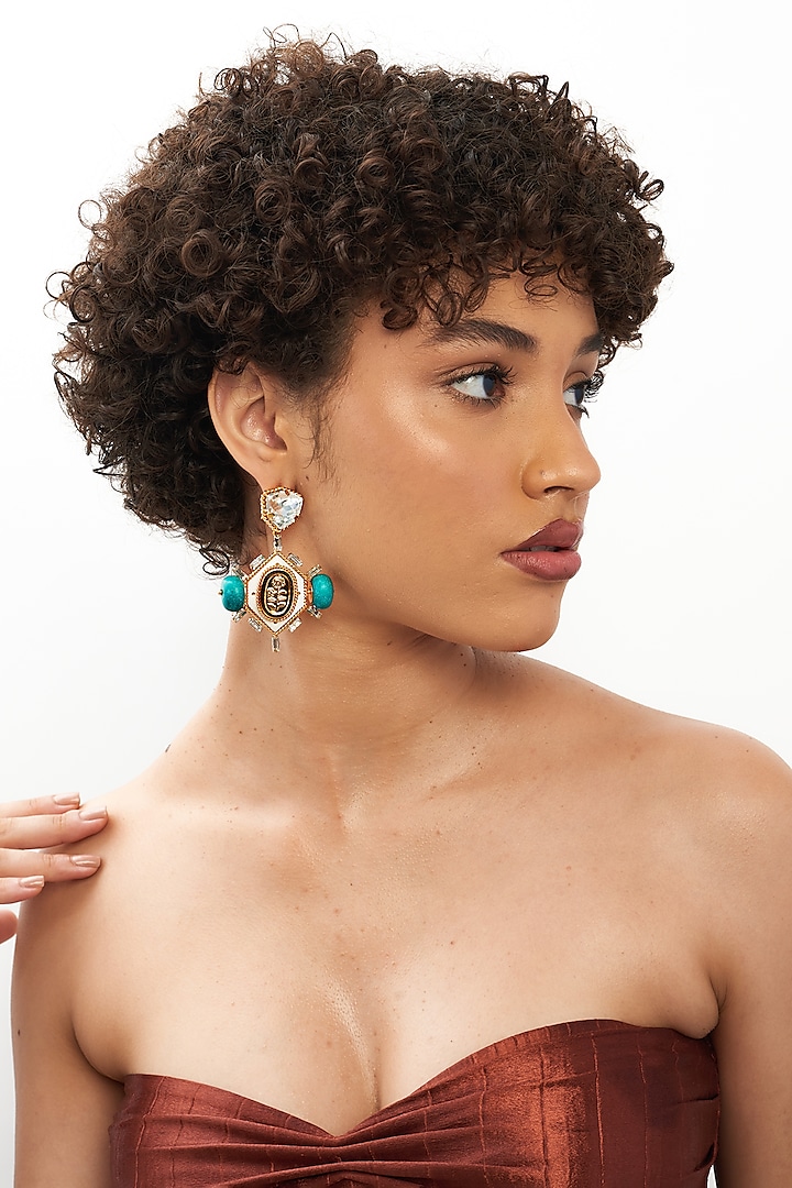 Gold Plated Turquoise Stone & Crystal Hexapod Dangler Earrings by AMAMA